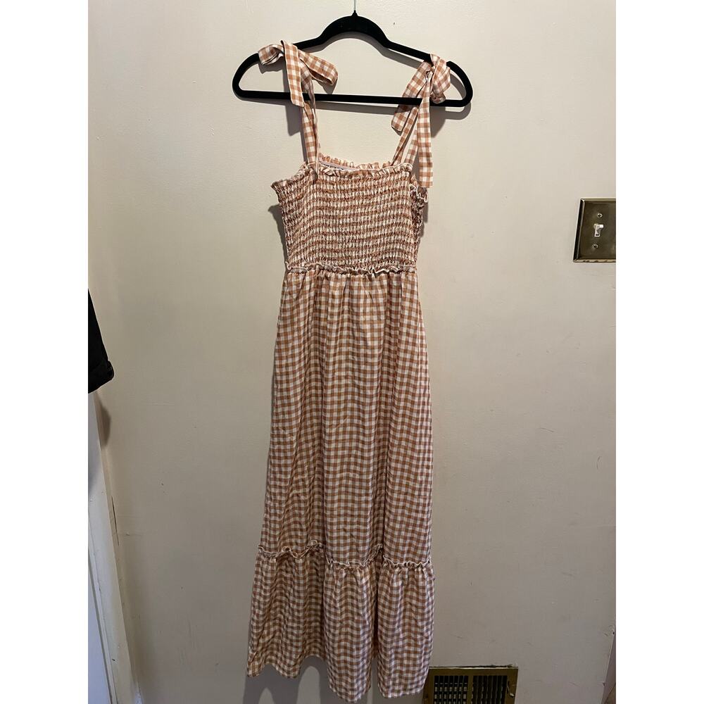 Tan and white maxi milkmaid cottage core sleeveless checkered dress medium